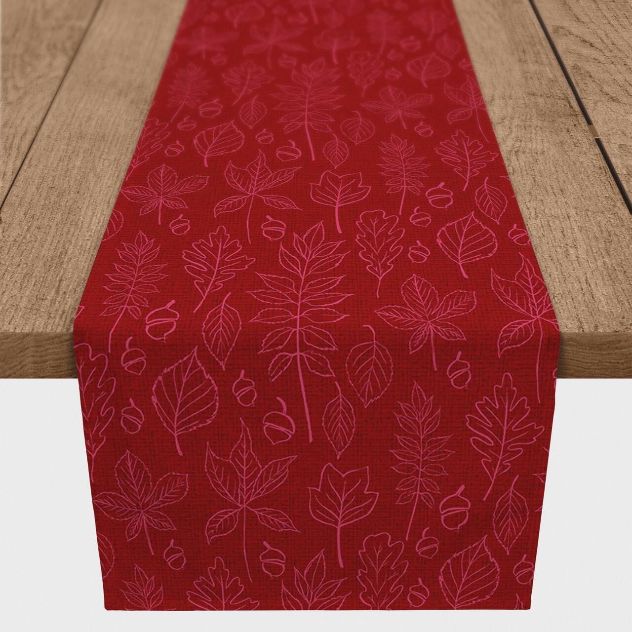 90" Autumn Pattern Leaves On Red Poly Twill Table Runner